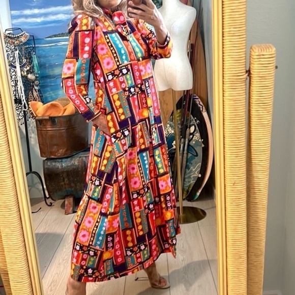 VTG 60’s,Button-Front,High Tie-neck CocktailLounge Dress,Vibrant,POCKETS, Size M - Picture 9 of 9